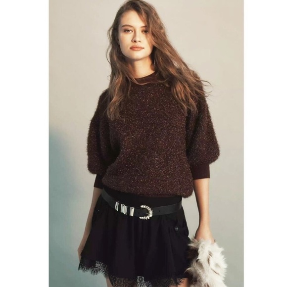 MAEVE The Violetta Short Sleeve Tinsel Sweater NWOT open back chocolate Brown - Picture 1 of 15